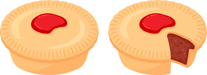 Cartoon Australian meat pie drawing. Traditional pie with beef mince filling, whole and cut. Isolated clip art illustration.