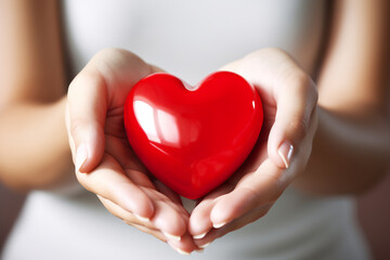 Close-up of Woman's Hands Gently Holding a Glossy Red Heart, Love and Care Concept