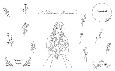 花束を持つ女の子と花のフレームイラストセット