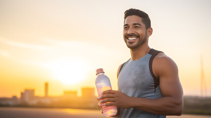 Smiling Athletic Man Holding Water Bottle at Sunset, Hydration Concept during Outdoor Activities