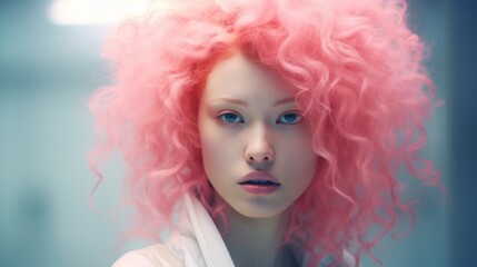 Photorealistic Adult Chinese Woman with Pink Curly Hair Futuristic Illustration. Portrait of a person in cyberpunk style. Cyberspace Ai Generated Horizontal Illustration.