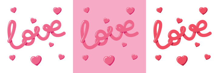 Volumetric pink word Love is like balloon on transparent background. Heart. Vector illustration. Card for lover on Valentine's Day. Concept of spring holiday, February 14, happiness, marriage, wedding