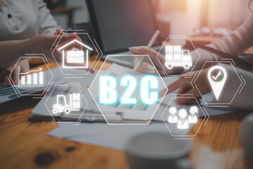 B2C, business to customer concept, Business team analyzing income charts and graphs on business paper with business to customer icon on virtual screen. - obrazy, fototapety, plakaty