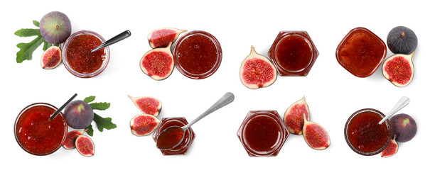 Tasty fig jam isolated on white, collection. Top view