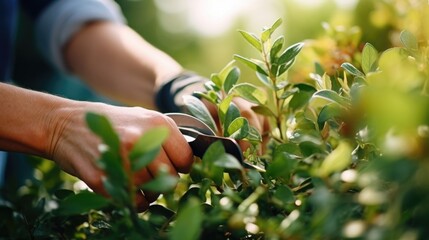 Closeup of a volunteers hand, holding up a pair of gardening shears as they carefully trim a bush in need of some TLC. - obrazy, fototapety, plakaty