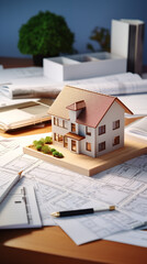 3d small house model on architecture floorplan. Generative AI