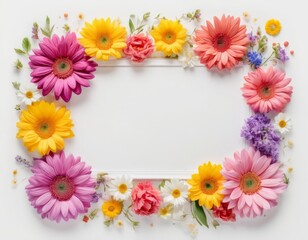 Fototapeta premium Greeting card template for wedding, mother's day or women's day. Spring composition with copy space. Banner with flowers on a white background. Flat style