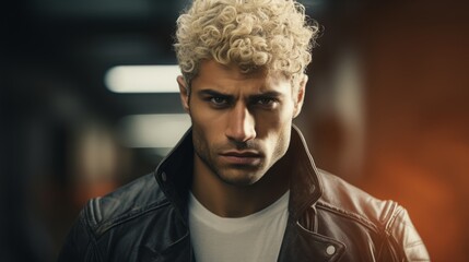 Fototapeta premium Photorealistic Adult Latino Man with Blond Curly Hair Futuristic Illustration. Portrait of a person in cyberpunk style. Cyberspace Ai Generated Horizontal Illustration.