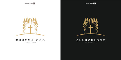 Church logo. Bible, Jesus' cross and angel wings. Wings church logo design icon.