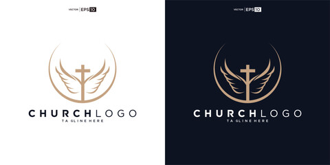 Church logo. Bible, Jesus' cross and angel wings. Wings church logo design icon.