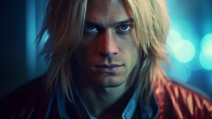 Photorealistic Adult Latino Man with Blond Straight Hair Futuristic Illustration. Portrait of a person in cyberpunk style. Cyberspace Ai Generated Horizontal Illustration.