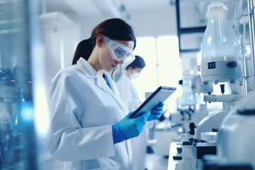 Focused Female Scientist Using Tablet to Analyze Data in High-Tech Laboratory, Research and Technology Concept