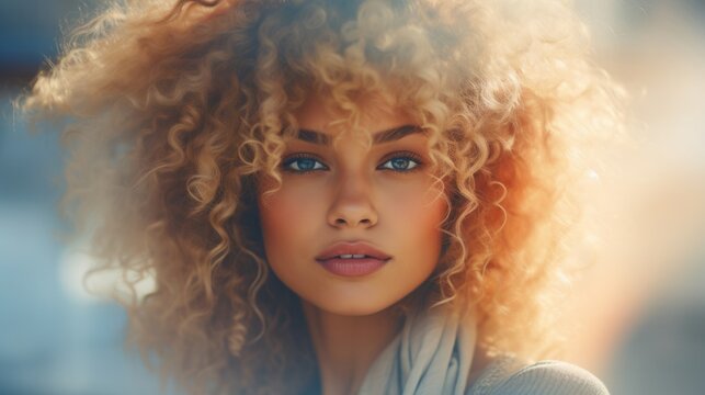 Photorealistic Adult Latino Woman with Blond Curly Hair Futuristic Illustration. Portrait of a person in cyberpunk style. Cyberspace Ai Generated Horizontal Illustration.