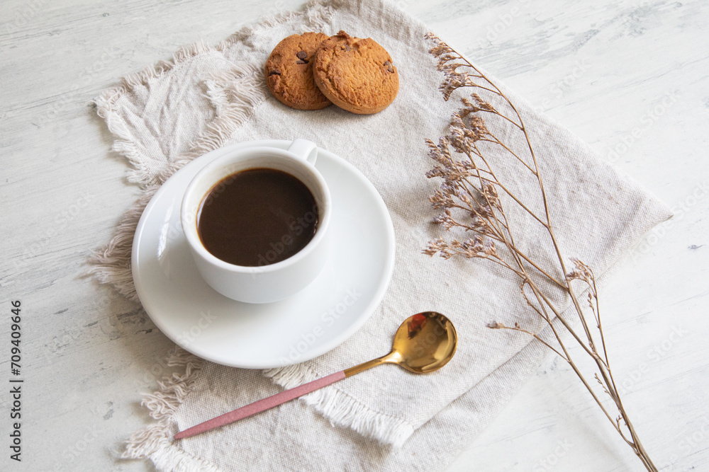 Wall mural small cup of coffee with cookies morning beverage food drink caffeine