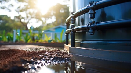 Closeup of a water catchment system, with pipes leading to a storage tank to conserve rainwater. - obrazy, fototapety, plakaty