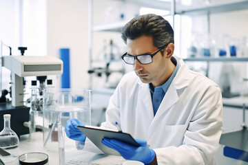 Focused Male Scientist Using Tablet to Analyze Data in High-Tech Laboratory, Research and Technology Concept