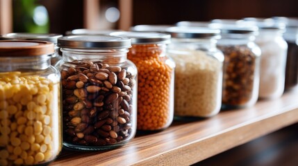 Closeup of a collection of glass jars filled with bulk pantry staples like rice, beans, and nuts. - obrazy, fototapety, plakaty