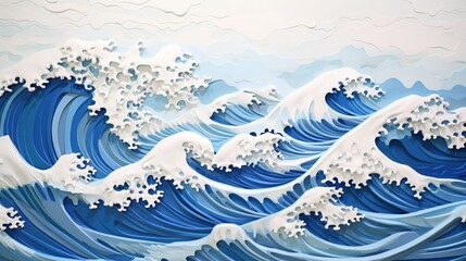 Captivating blue and white japanese paper art: serene giant waves in stunning layers