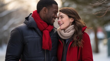 Fototapeta premium Beautiful young couple hugging, kissing celebrating St Valentine's Day outside. African american guy and caucasian girl in love.