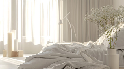 A tranquil and serene bedroom with a calming aroma of chamomile. The room is designed for relaxation, with soft pastel colors, comfortable bedding, and minimalistic decor.