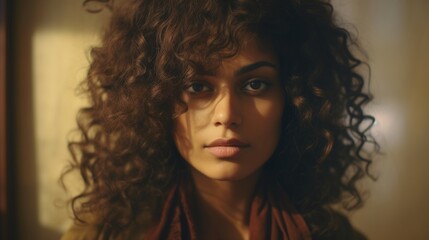 Fototapeta premium Photorealistic Adult Persian Woman with Brown Curly Hair Futuristic Illustration. Portrait of a person in cyberpunk style. Cyberspace Ai Generated Horizontal Illustration.
