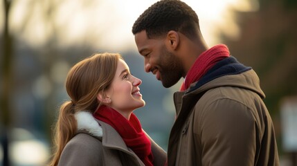 Fototapeta premium Beautiful young couple hugging, kissing celebrating St Valentine's Day outside. African american guy and caucasian girl in love.