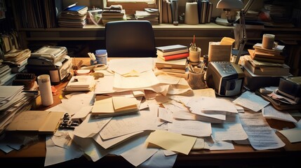 Organized chaos: cluttered desk with scattered papers, notes, and office supplies – messy work environment concept