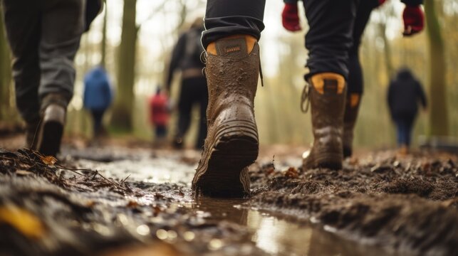 Closeup of a group of volunteers feet clad in sy boots, as they walk through a muddy park trail.