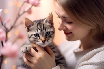 猫と触れ合う女性