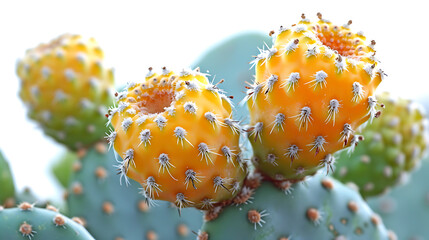 A macro photograph of a prickly pear cactus from the Canary Islands, focusing on its yellowish...
