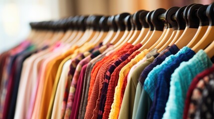 Closeup of a rack of colorcoordinated clothing, chosen by a fashion blogger for their photoshoot. - obrazy, fototapety, plakaty