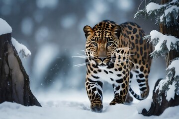 snow leopard in snow