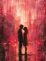 Dreamy Valentine Romance - Creative Couple Portrait in Pink and Red Tones. Generative AI