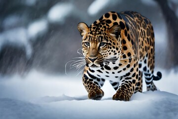 Amur Leopard, Panthera Pardus orientalism, walking through deep snow in winter
