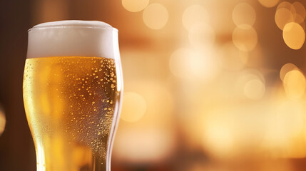 Chilled Beer Glass with Frothy Head Against Warm Bokeh Light Background, Beverage and Refreshment Concept