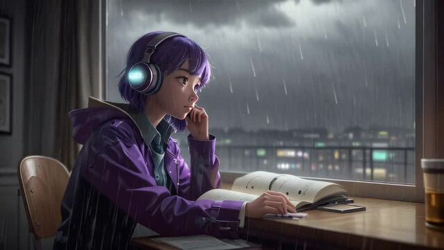 Photo Anime lofi young girl studying while listening to music and raining in the outside. lofi girl rain