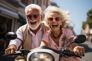 Fototapeta premium Happy retired couple on scooter riding on road during summer vacations