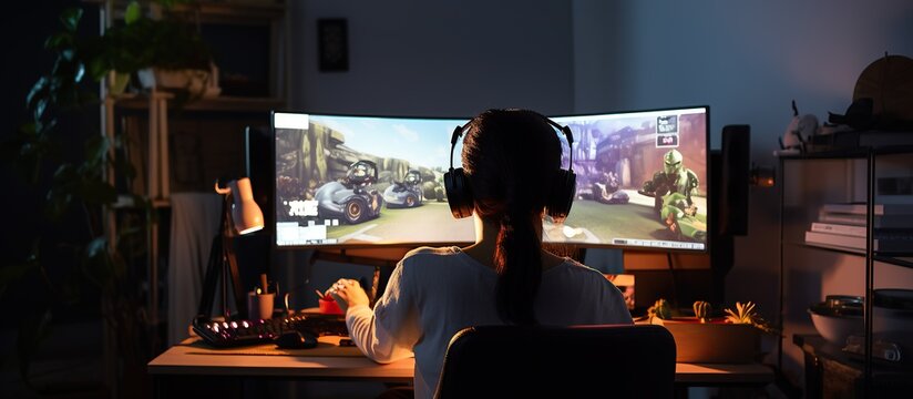 Back view professional female gamer playing a video game on personal gaming computer, gaming desk set up