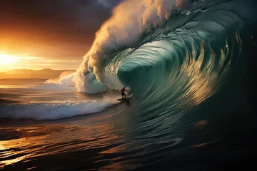 Fotobehang Surfer riding on big wave in barrel © Алина Бузунова