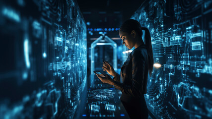 cyber security Female Worker Performing in Data Center