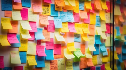 Closeup of a wall covered in colorful postit notes, each one containing a snippet of code or a helpful tip for the youths coding journey.
