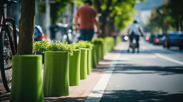 Closeup of a bike lane, marked in bright green paint and separated from the road with planters and bollards for safety.