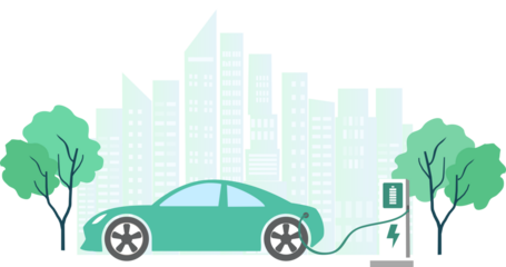 Electric car, EV car, car charging battery at electric charging station with solar panel and wind turbines. Sustainable green energy for ecology environment. Futuristic transportation technology.