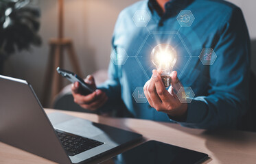 financial, chart, icon, graph, investment, analysis, diagram, finance, statistic, strategy. big data analytics and business intelligence with chart and graph icons around and hold a light bulb.