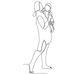 Happy Mother's day card. Continuous one line drawing. Woman holding her baby Vector illustration