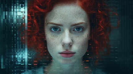 Photorealistic Adult White Woman with Red Curly Hair Futuristic Illustration. Portrait of a person in cyberpunk style. Cyberspace Ai Generated Horizontal Illustration.