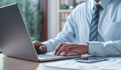 business, chart, pie, graph, investment, finance, diagram, pie chart, financial, growth. businessman putting casual suit typing keyboard with pie chart document showing company financial information.