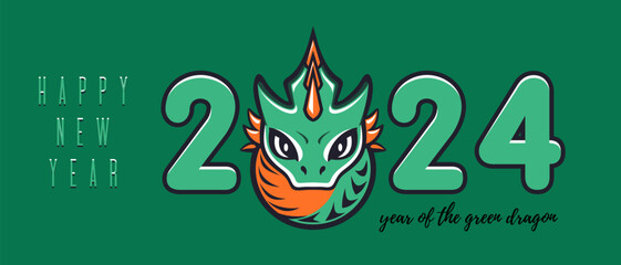 Stylized inscription 2024, where instead of zero there is the head of a cute small dragon. 2024 lettering card. Year of the green dragon. Vector illustration