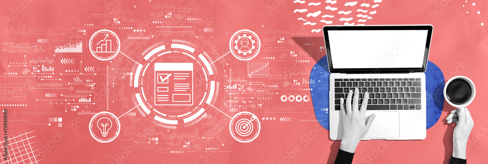 Poster project management theme with person using a laptop computer