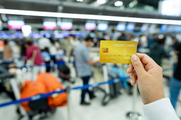 Tourist woman showing credit card or travel card for convenient travel Make shopping easy enjoy...